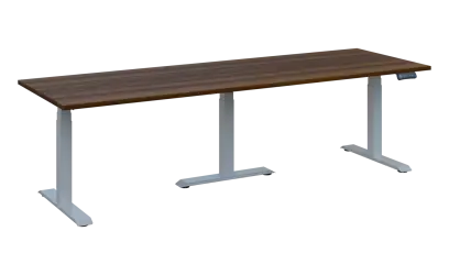 FLEXIMEET 250-80 výškově nastavitelný stůl, kovová podnož stříbrná, deska 25 mm, široký 2500 mm, ořech královský